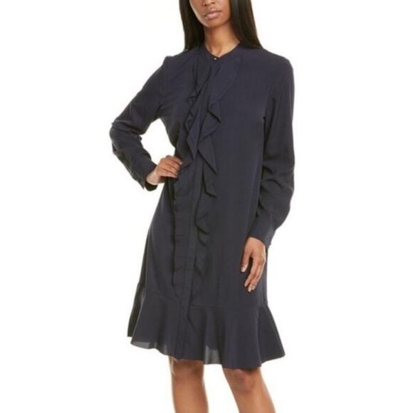 Tory Burch Jane Ruffle Button-Up Cocktail Long Sleeve Navy Dress Size 8 - Picture 1 of 11